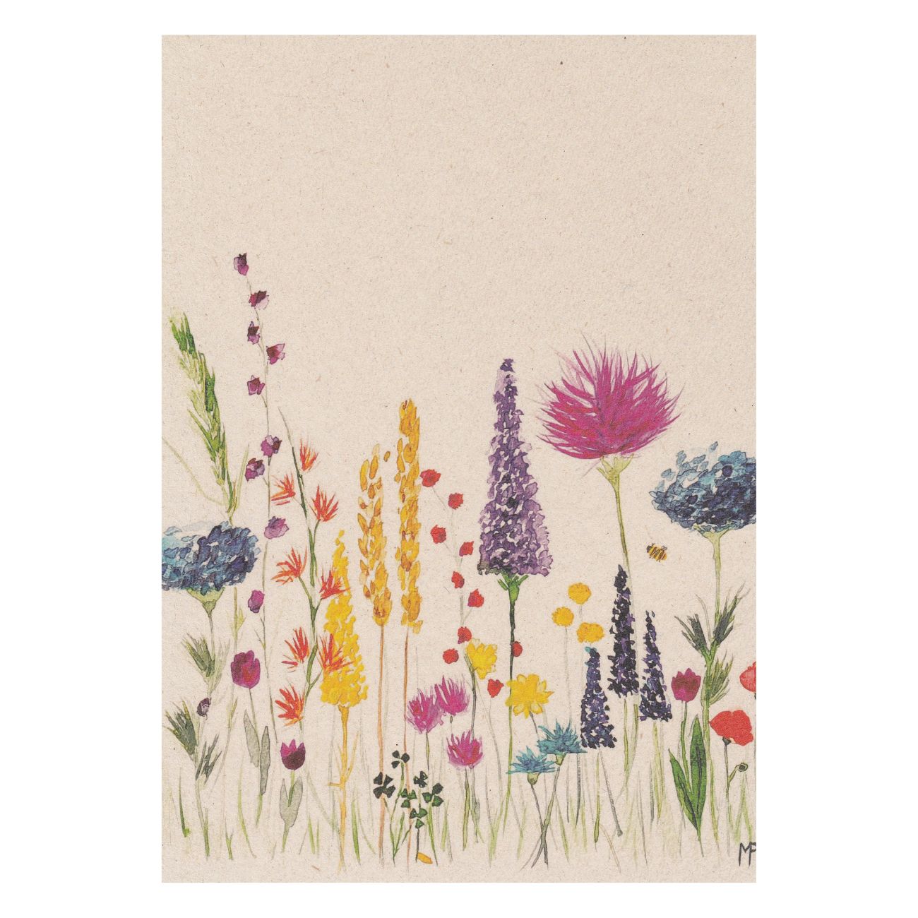 Ansichtkaart met veldbloemen en een opvallende roze bloem