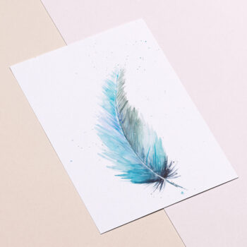 Blauwe veer ansichtkaart aquarel