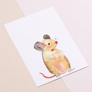 Muis met strikje ansichtkaart aquarel