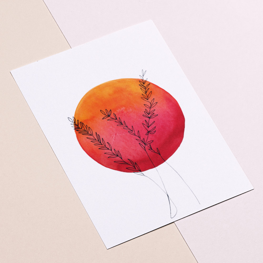 Rode zon met takjes met aquarel op ansichtkaart