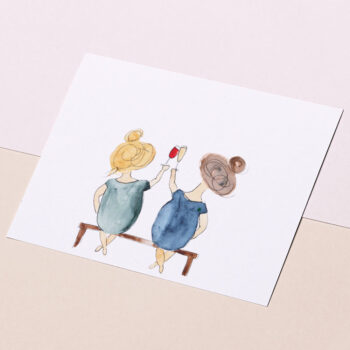 Twee vriendinnen proosten op vriendschap (met aquarel op ansichtkaart)