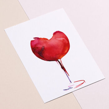 Rood wijnglas met aquarel op ansichtkaart