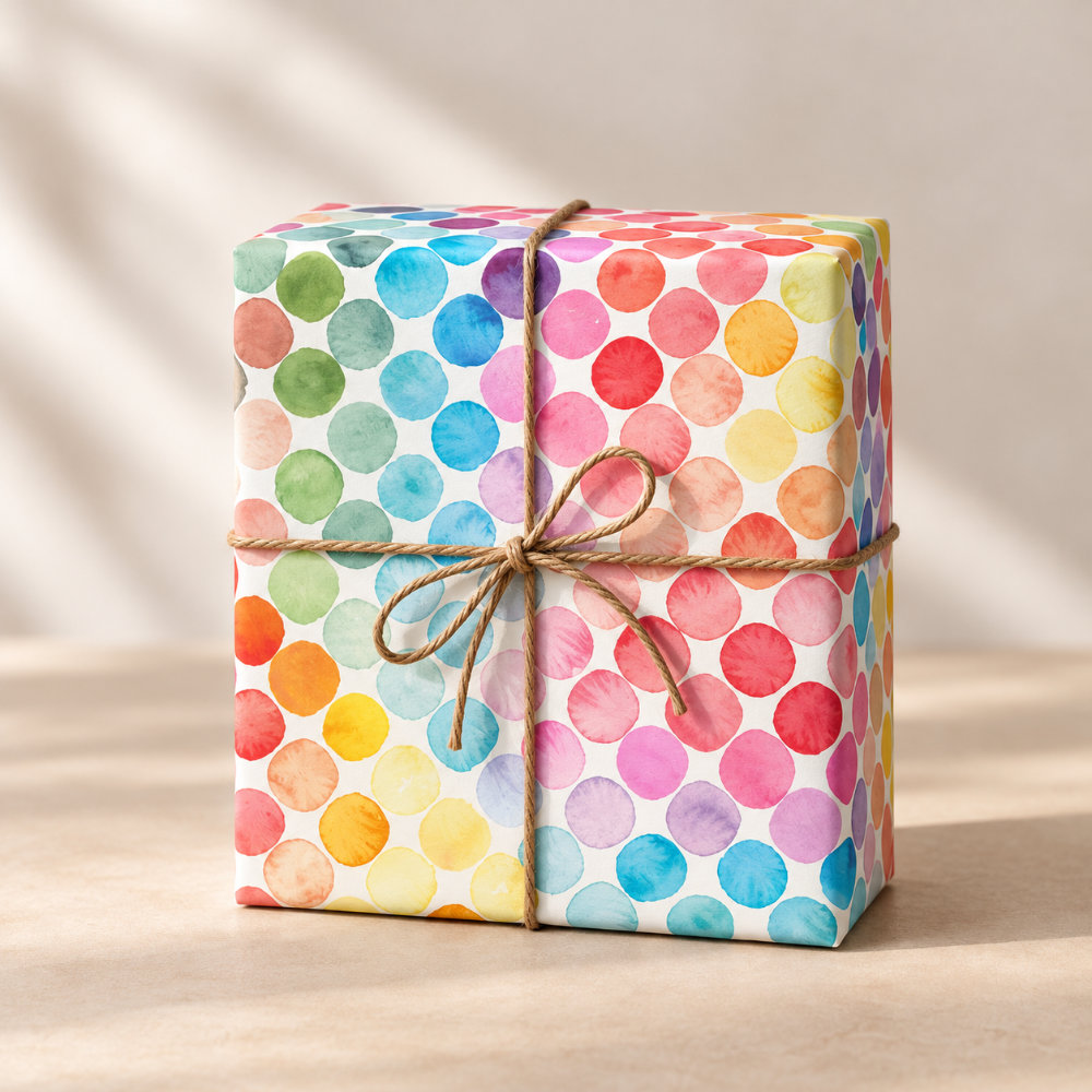 Regenboog stippen inpakpapier ingepakt cadeautje