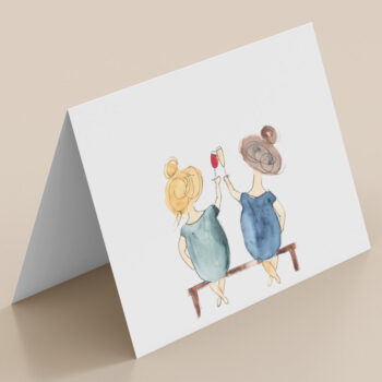Twee vriendinnen proosten op vriendschap (met aquarel op ansichtkaart)