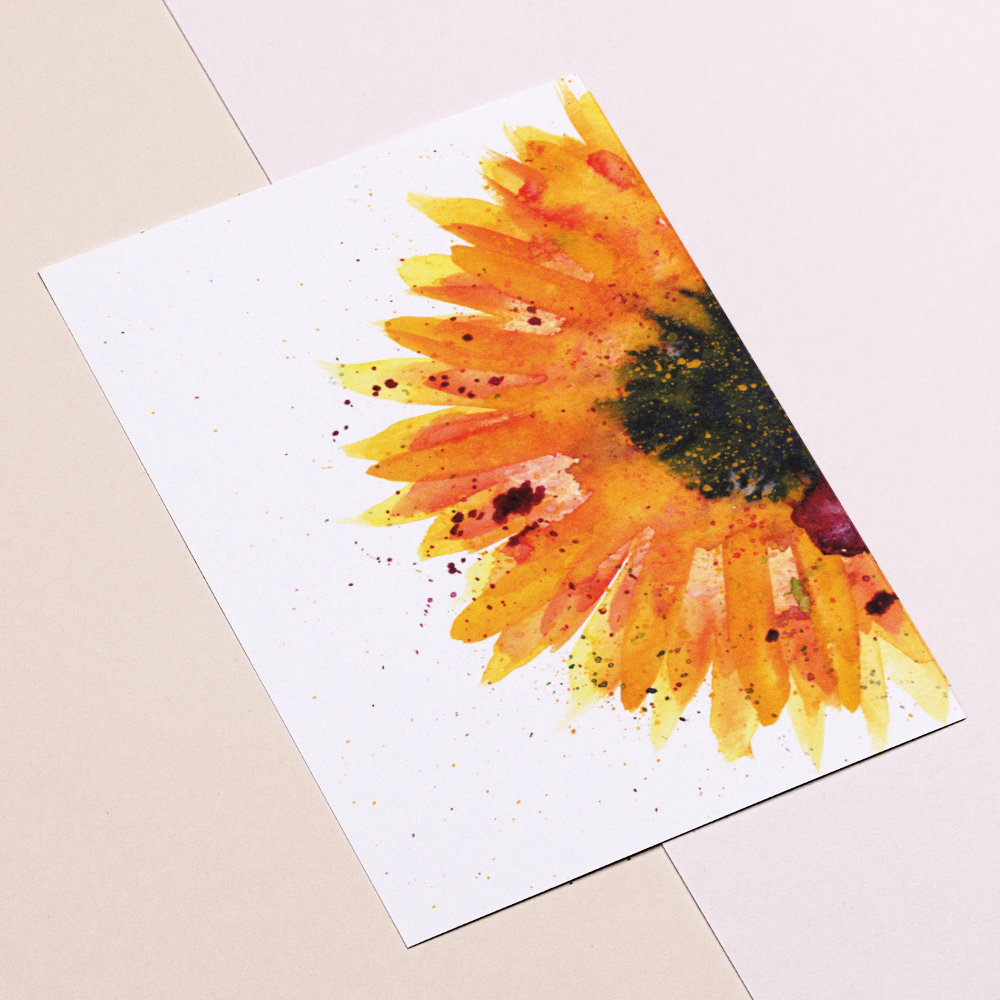 Ansichtkaart met grote zonnebloem (aquarel)